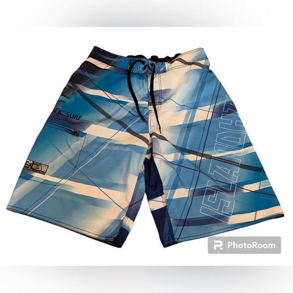 Pacific Surf Blue White Swim Trunks Size Medium-Surfing Swimming Pockets - Picture 1 of 12